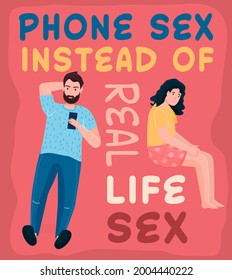 Do you check your phone during sex. Marriage problems. Checking smartphone habit. Editable vector illustration in bright colors isolated on a pink background. Portrait banner. Flat cartoon style