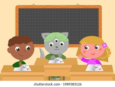 Do you feel like an alien? Very different pupils in a classroom at the desk, happy together. Cartoon vector illustration.
