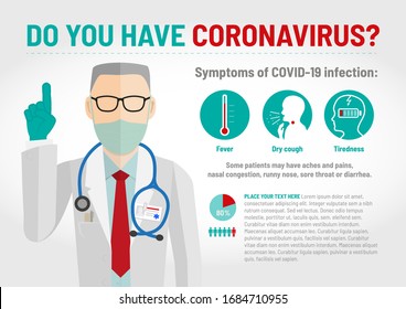 Do You Have Coronavirus? COVID-19 Symptoms Illustrated Infographics With Flat Style Cartoon Medical Doctor or Physician Character. Health Awareness Informational Poster or Leaflet. Place for Your Text