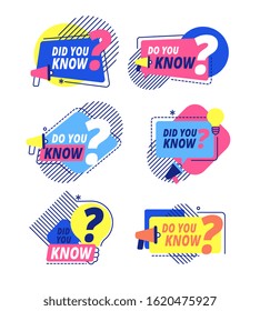 Do you know. Questions templates, did you know banners. Interesting post, abstract business isolated labels. Vector color stickers set