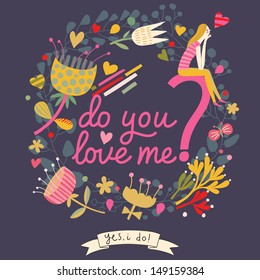¿Me amas? Concepto tarjeta floral con pregunta romántica en vector. La chica está pensando en el amor