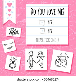 Do you love me? Valentines day funny questionnaire, card, notebook doodles elements, girl, boy, love letter, hearts, ring, eyes, eyelashes, scribble, sketch style. Hand drawn vector illustration.