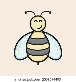 Do you need honey for your project? Cute and funny honey bee with wings, antennae, sting, big belly and happy face. Yellow and black happy bee filled vector icon