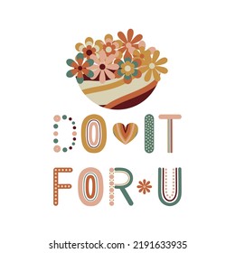 Hazlo por ti. Impresiones de tarjetas groovy de 70 con letras de arco iris. Vector impresable para decoración de pared, tarjetas, carteles en colores amarillos, naranjas, marrones y verdes.