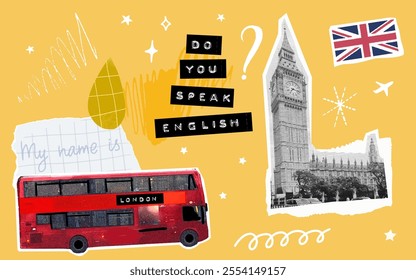 Do you speak English collage, UK flag, Big Ben tower, double decker bus cutout elements set on yellow vision board background. English language school graphics set, paper scrapbooking template.