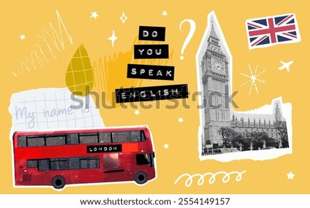 Do you speak English collage, UK flag, Big Ben tower, double decker bus cutout elements set on yellow vision board background. English language school graphics set, paper scrapbooking template.