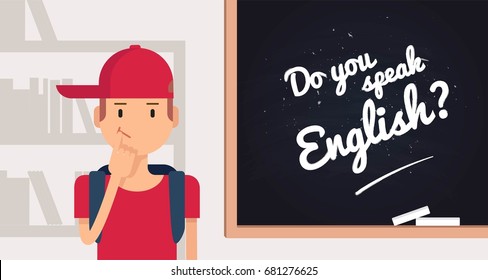 Do you speak english concept. Cute cartoon boy standing near the blackboard.  Vector illustration