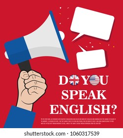 Do you speak english? English course banner. Vector illustration with megaphone, hand, flag of USA, UK