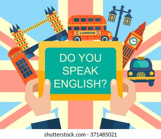 Do You Speak English? English Course Banner design with London landmarks, vector illustration. Studying English Concept