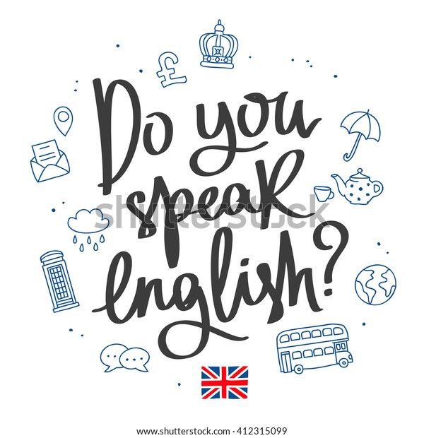 あなたは英語を話しますか おしゃれな書道 白い背景に英国のアイコンを持つベクターイラスト 外国語を学ぶ のベクター画像素材 ロイヤリティフリー