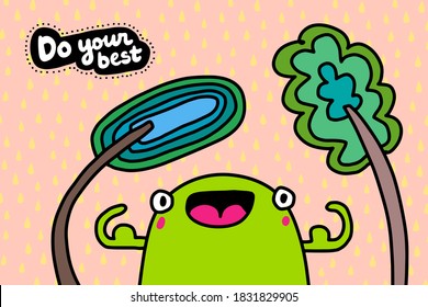Do your best hand drawn vector illustration in cartoon comic style frog under trees strong lettering