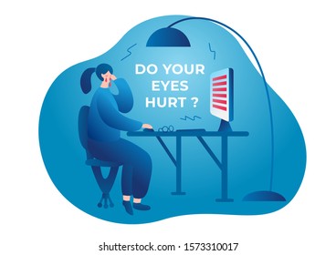 Do your eyes hurt. A woman sits at a table, rubs her eyes, works at a computer monitor. Her eyes hurt and watery. Vector stock flat illustration