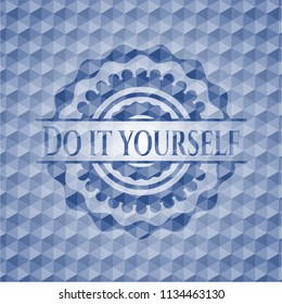 Do it yourself blue emblem with geometric pattern background.