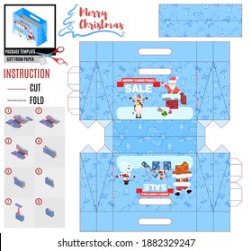 do it yourself christmas sale box template with santa and cows. flat style vector