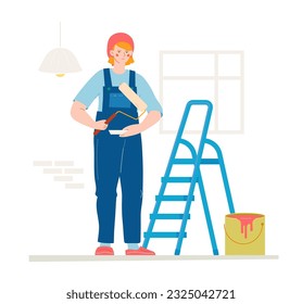 Do it yourself - colorful flat design style illustration with linear elements. Composition with woman going to make repairs in the house. Handyman in uniform, home renovation and decoration idea