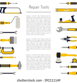 Do it yourself, construction repair tools flat icon set. Tools like hammer, axe, ruler, hatchet home repair. Isolated tools flat set.  Home renovation and construction concept with DIY tool.