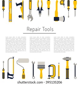 Do it yourself, construction repair tools flat icon set. Tools like hammer, axe, ruler, hatchet home repair. Isolated tools flat set.  Home renovation and construction concept with DIY tools.