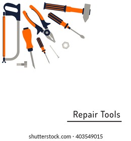 Do it yourself, construction repair tools flat icon set. Tools like hammer, axe, ruler, hatchet home repair. Isolated tools flat set.  Home renovation and construction concept with DIY tools.