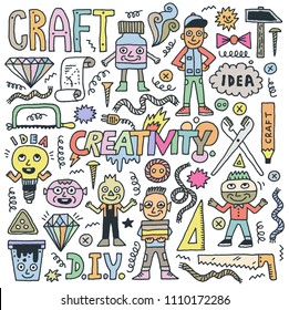 Do It Yourself. Creativity Funny Idea Doodle Set. Color Drawing.  Vector Illustration.