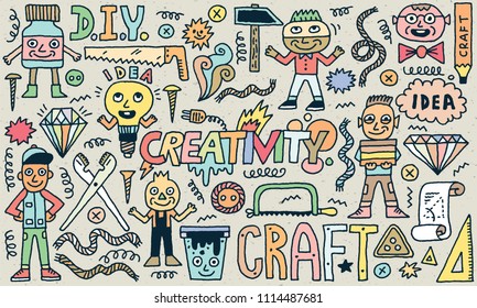 Do It Yourself. Creativity Funny Idea Doodle Set. Color Drawing. Vector Illustration. Texture Background.