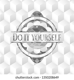Do it yourself grey emblem. Vintage with geometric cube white background