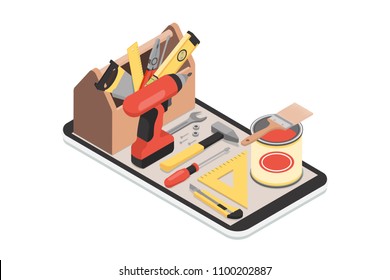 Do It Yourself And Home Renovation App: Toolbox And Tools On A Smartphone With Icons