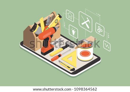 Do it yourself and home renovation app: toolbox and tools on a smartphone with icons
