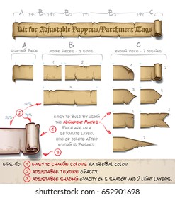 Do It Yourself kit of vector cartoon illustrations of aged old papyrus or parchment to create side tags of any size. Neatly layered and labeled with Global Colors for easy editing. 