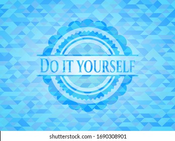 Do it yourself light blue emblem with triangle mosaic background