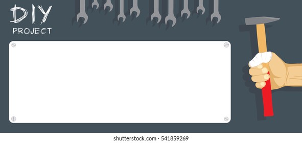 Do it yourself project banner. Hand with tools background. DIY workshop banner. Vector illustration