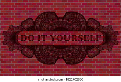 Do It Yourself text inside Linear currency red brick stone wall realistic badge. Tiles luxurious background. Artistic illustration. 