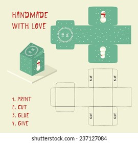 Do it yourself. Vector christmas gift box template with snowman. Handmade with love.