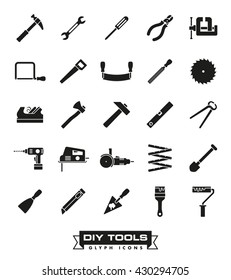 Do it yourself and workshop tools icon set. Collection of DIY and crafting related vector glyph symbols