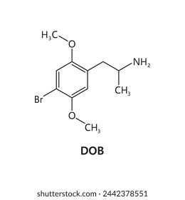 DOB drug molecule formula and chemical structure, synthetic or organic drugs vector model. DOB or brolamfetamine psychedelic drug molecular structure and chemical formula of narcotic substance