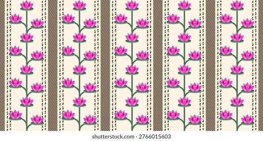 Dobby floral design seamless pattern. Vector french farmhouse stripe wallpaper design with trendy Dobby pattern lotus flowers isolated background. Perfect textile fabric print living room wall decor. EPS 10