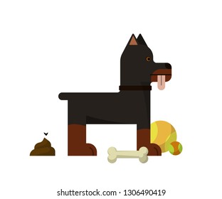 Doberman with ball, bone and a poop. Flat icons design. Vector illustration.