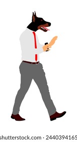 Doberman businessman vector illustration isolated on white. Elegant businessman with dog head over manager face. Confident leader walking. Handsome man in suite and tie. Human body with animal face.