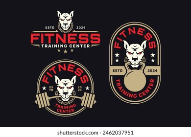 doberman dog with barbell and kettlebell logo design for fitness, gym, bodybuilding, weightlifting