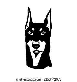 Doberman, dog, black and white vector illustration. Portrait. The head of a domestic animal. Tattoo. Clipart, laser cutting. Stock image isolated on white background.