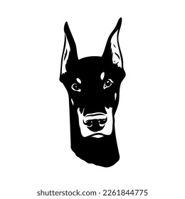 Doberman, dog, black and white vector illustration. Portrait. The head of a domestic animal. Tattoo. Clipart, laser cutting. Stock image isolated on white background.