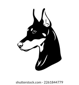 Doberman, dog, black and white vector illustration. Portrait. The head of a domestic animal. Tattoo. Clipart, laser cutting. Stock image isolated on white background.
