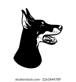 Doberman, perro, ilustración vectorial en blanco y negro. Retrato. La cabeza de un animal doméstico. Tatuaje también. Clipart, corte por láser. Imagen estándar aislada en fondo blanco.