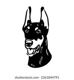Doberman, perro, ilustración vectorial en blanco y negro. Retrato. La cabeza de un animal doméstico. Tatuaje también. Clipart, corte por láser. Imagen estándar aislada en fondo blanco.
