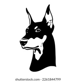 Doberman, dog, black and white vector illustration. Portrait. The head of a domestic animal. Tattoo. Clipart, laser cutting. Stock image isolated on white background.
