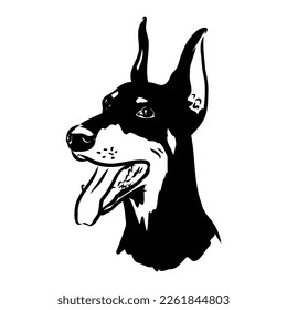 Doberman, perro, ilustración vectorial en blanco y negro. Retrato. La cabeza de un animal doméstico. Tatuaje también. Clipart, corte por láser. Imagen estándar aislada en fondo blanco.