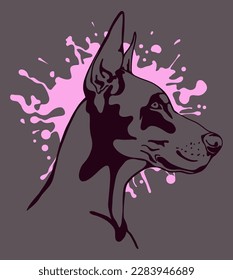 Doberman, dog, bright portrait. The muzzle of a pet. Brown, pink. Art, vector illustration. For decor, design, print on a T-shirt, poster, postcard, sticker. Stain, splash
