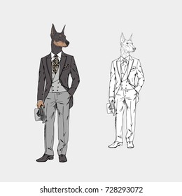 Doberman dog dressed up in vintage victorian suit, furry art illustration, fashion animals