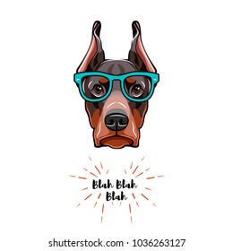 Doberman dog in glasses. Geek dog. Vector illustration isolated on white background.