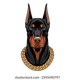 Doberman dog with gold chain vector art illustration