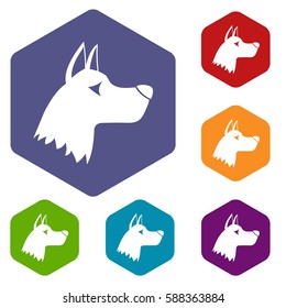 Doberman dog icons set rhombus in different colors isolated on white background